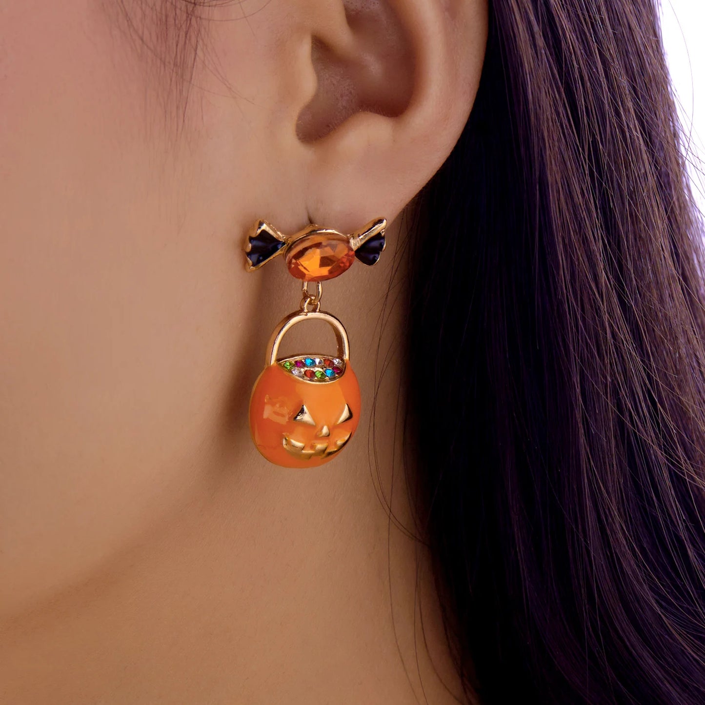 Halloween Design Sense Dripping Oil Pumpkin Earrings for Women Gothic Punk Rhinestone Bow Pumpkin Earrings Party Jewelry Accessories