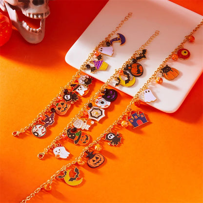 Halloween Funny Pumpkin Ghost Bracelet For Women Black Bat Spider Web Hat Metal Chain Bangles Hip Hop Punk Festival Jewelry Gift