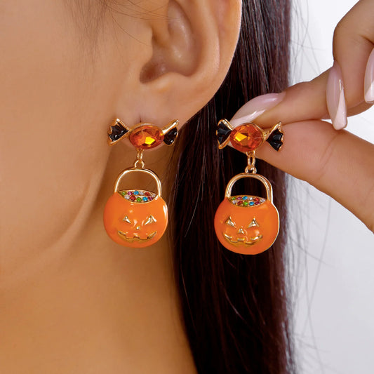 Halloween Design Sense Dripping Oil Pumpkin Earrings for Women Gothic Punk Rhinestone Bow Pumpkin Earrings Party Jewelry Accessories