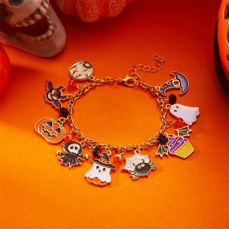 Halloween Funny Pumpkin Ghost Bracelet For Women Black Bat Spider Web Hat Metal Chain Bangles Hip Hop Punk Festival Jewelry Gift